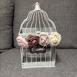 Elegant White Birdcage Style Card Holder - Flowers come off